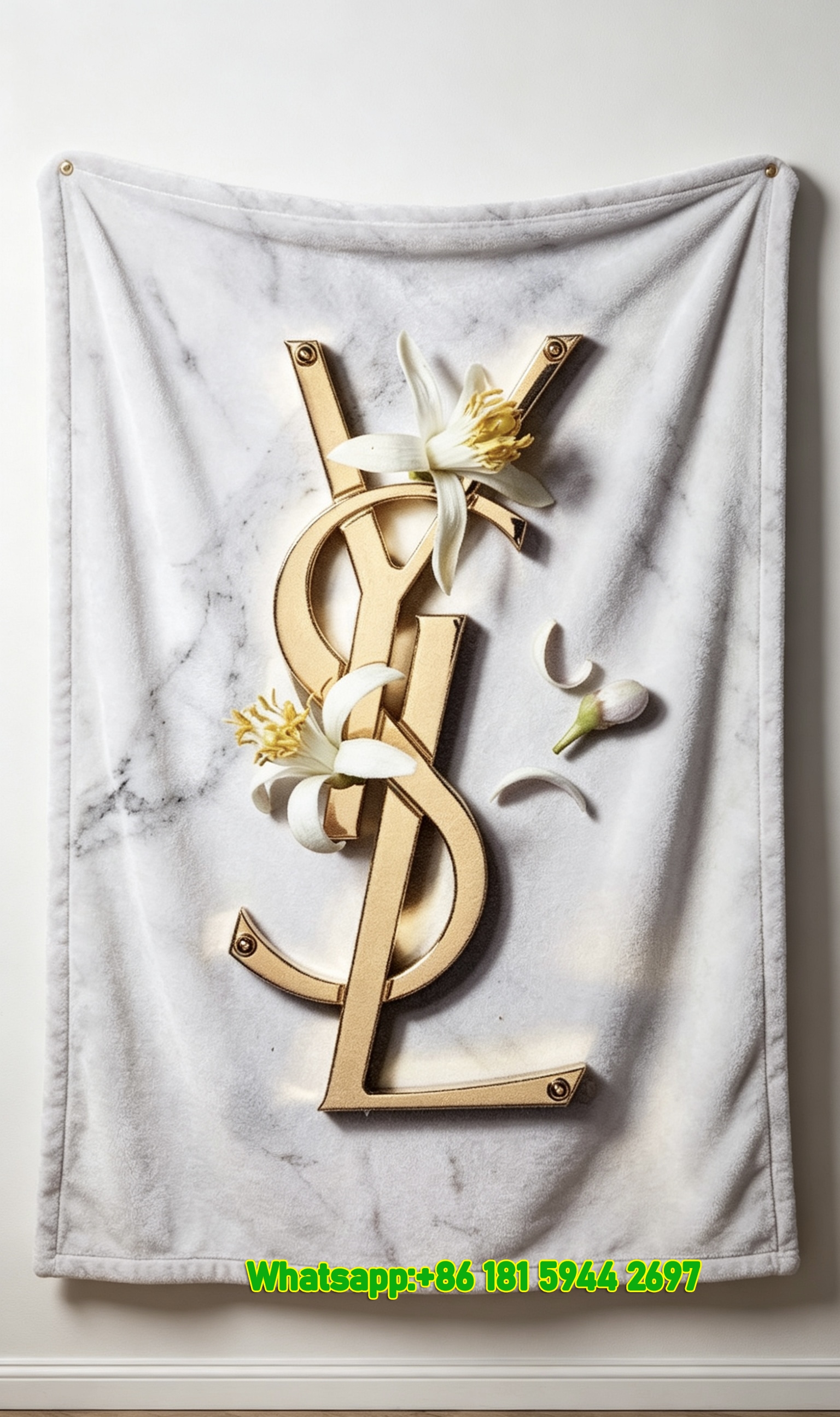 Yves Saint Laurent YSL White Marble Gold Floral Logo Printed Fleece Throw Blanket IMG_3206